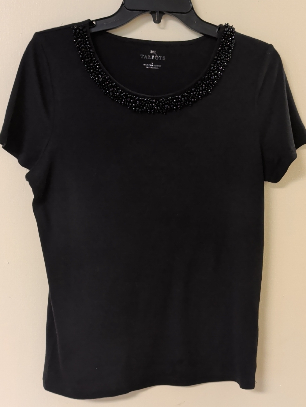 Talbots Black Short Sleeve Top with Beaded Collar